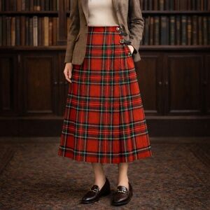 Hunt Club Red Royal Stewart Tartan Wool Kilt Midi Skirt 12